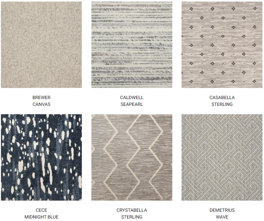 Six carpet swatches. Beige, gray, and navy. Patterns include stripes, diamonds, and speckled.