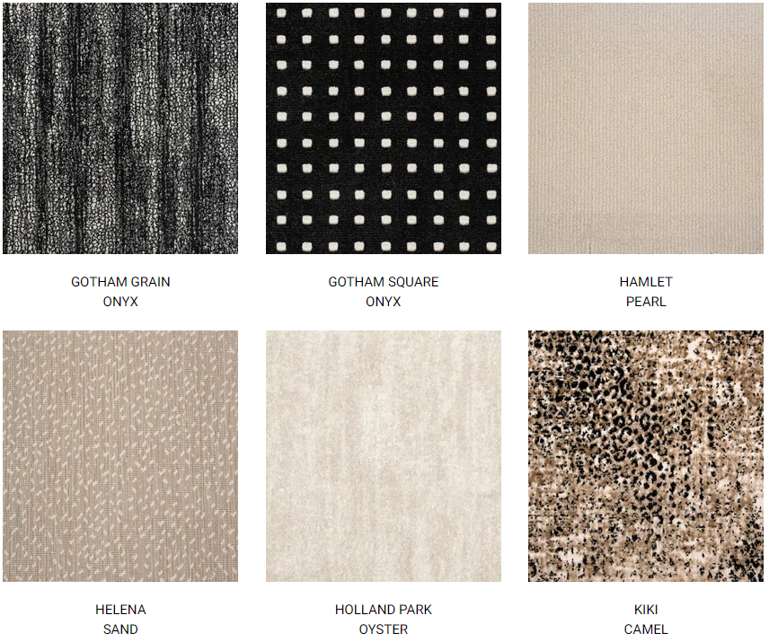 Six fabric swatches with various textures and colors: black, white, beige, and brown.