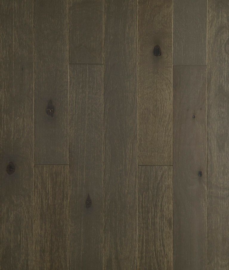 Dark gray wood flooring with visible grain and knots.
