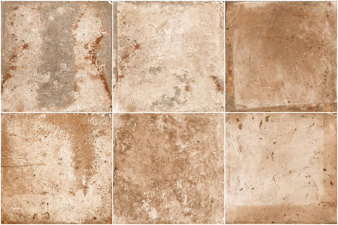 Six square tiles with a distressed, mottled brown and beige appearance.