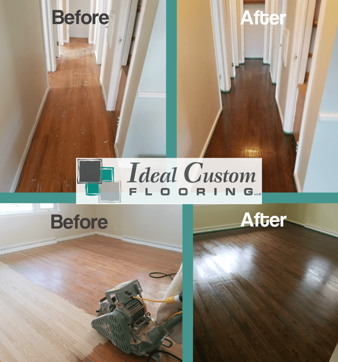 Before-and-after of hardwood floor refinishing by Ideal Custom Flooring. Hallway and room with sanded and glossy floors.