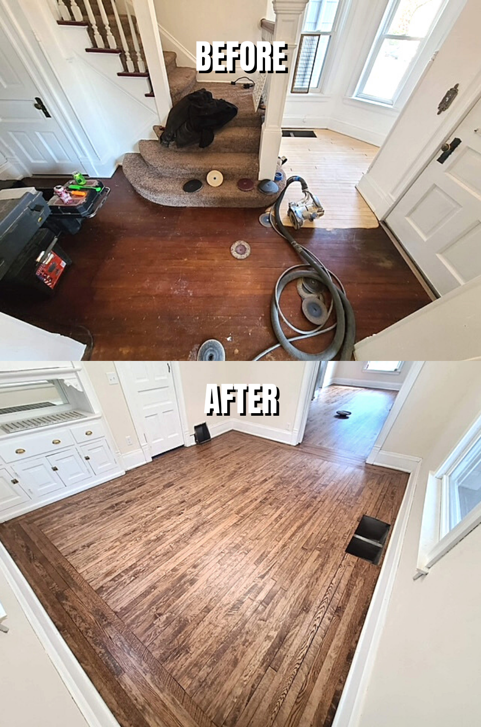 Comparison of wooden floors before and after refinishing. Top: dark, worn floors. Bottom: light, new floors.