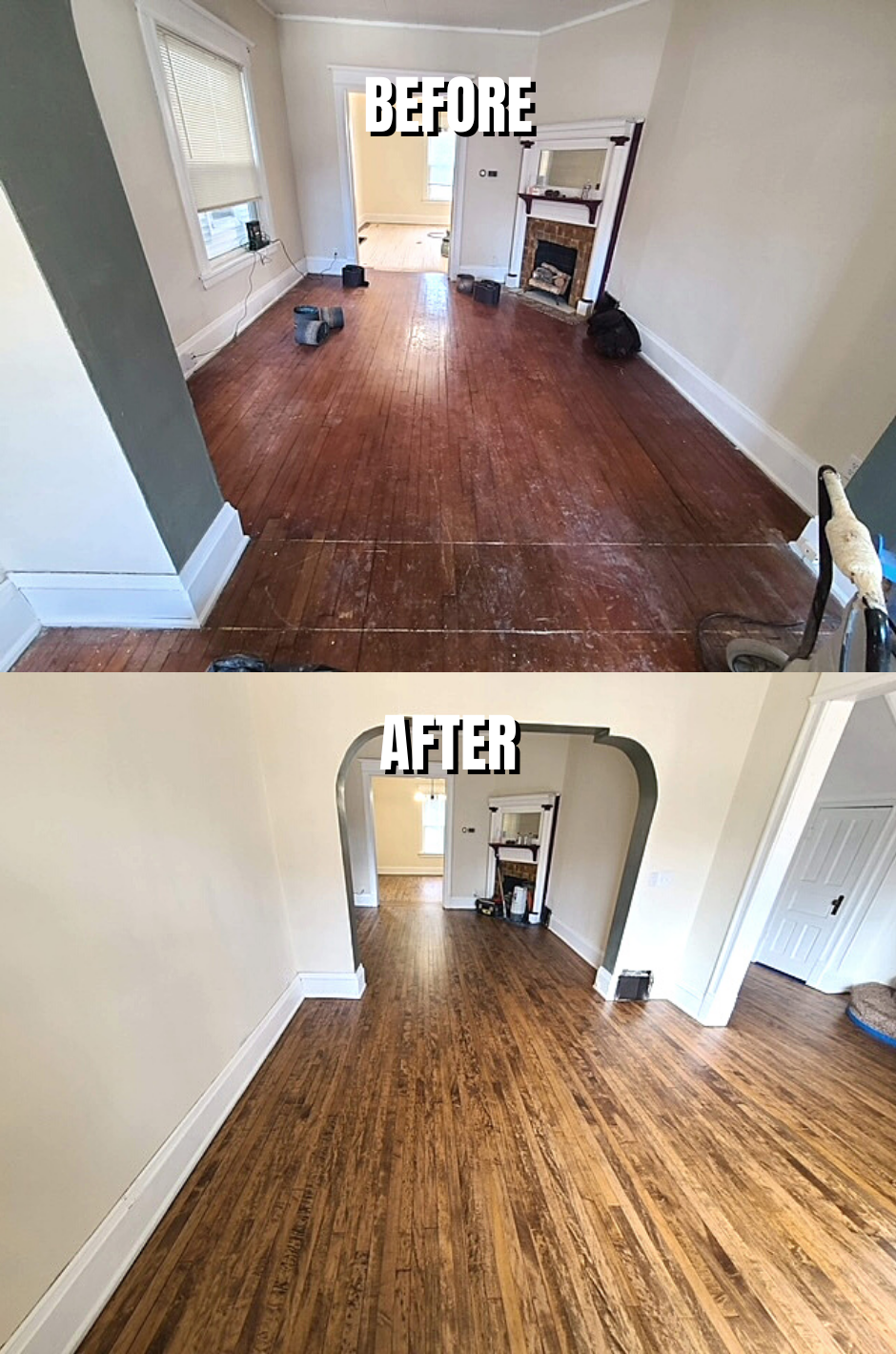 Before-and-after view of a room. Old wooden floors are refinished. Archway opens to the next room.