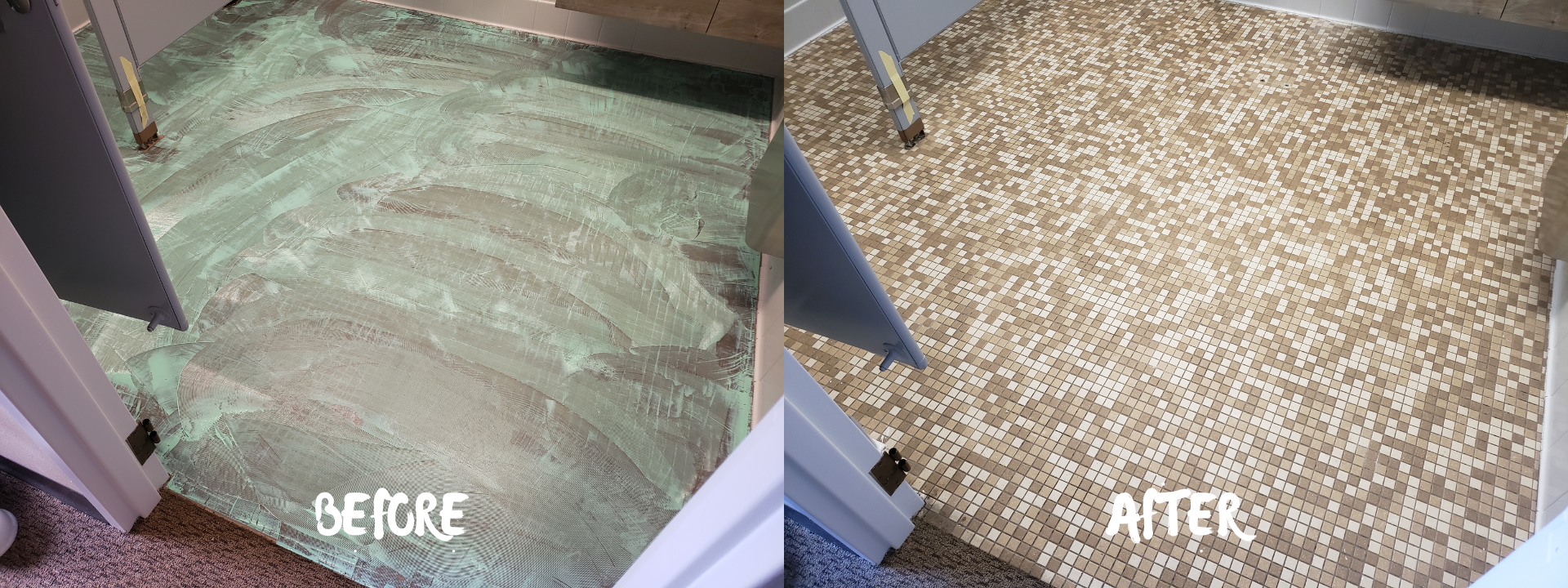 Carpet cleaning comparison: Before, green chemical residue on carpet; after, clean beige carpet.