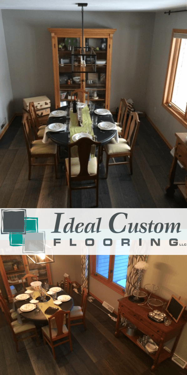 Dining room with wood flooring and table set for guests, Ideal Custom Flooring logo.