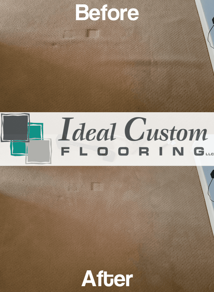 Before and after comparison of carpet cleaning by Ideal Custom Flooring. Dirty carpet, then clean, light brown.