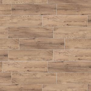 Wood-look floor tiling in shades of brown with visible wood grain, arranged in a staggered brick pattern.
