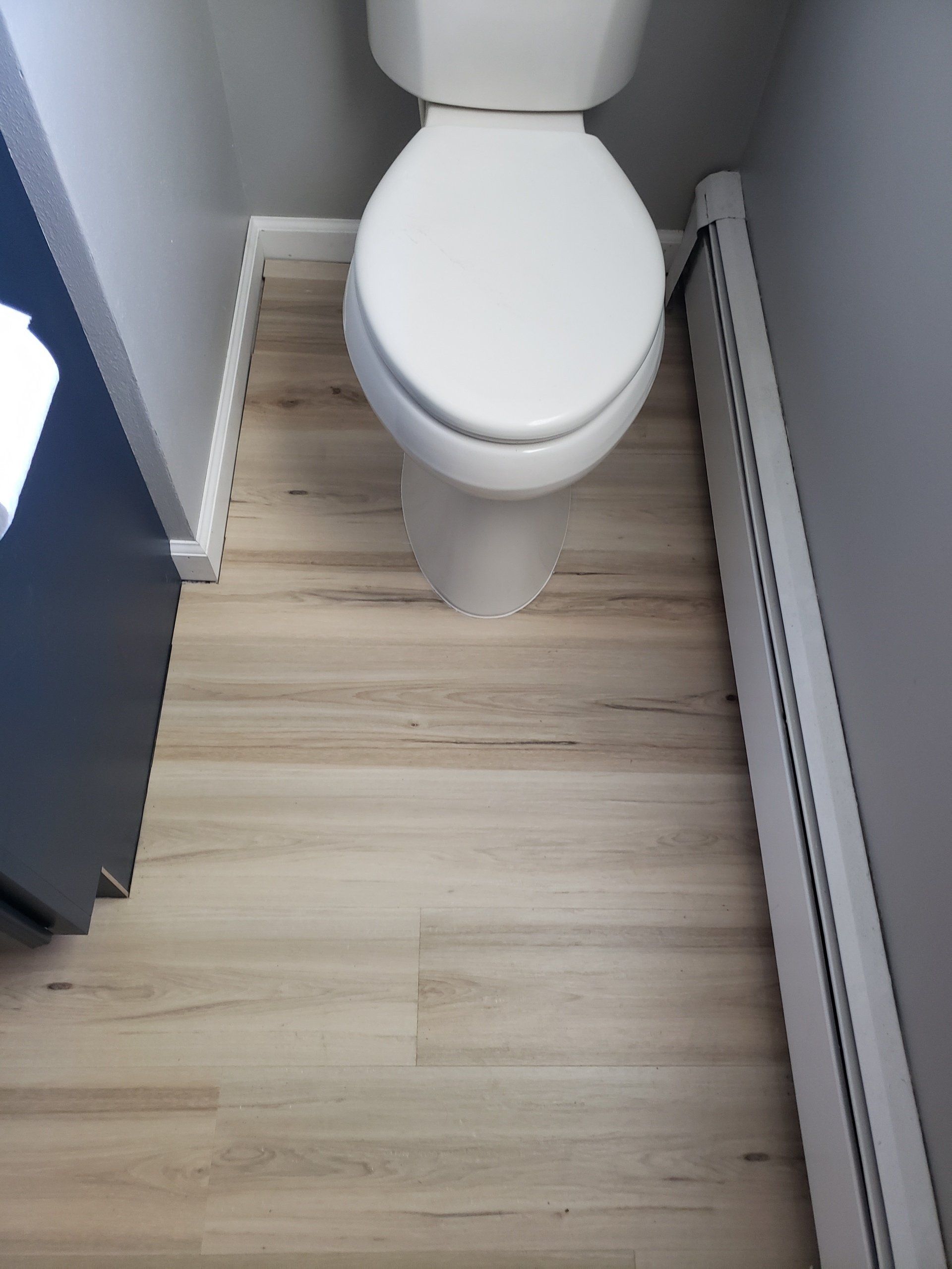 Toilet in a small bathroom with light wood-look flooring and a radiator on the wall.