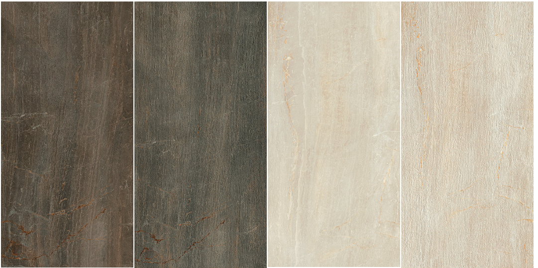 Four vertical panels with textured stone-like patterns in shades of brown and cream.