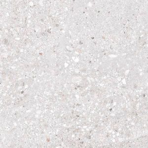White terrazzo tile with speckled gray and beige aggregate.