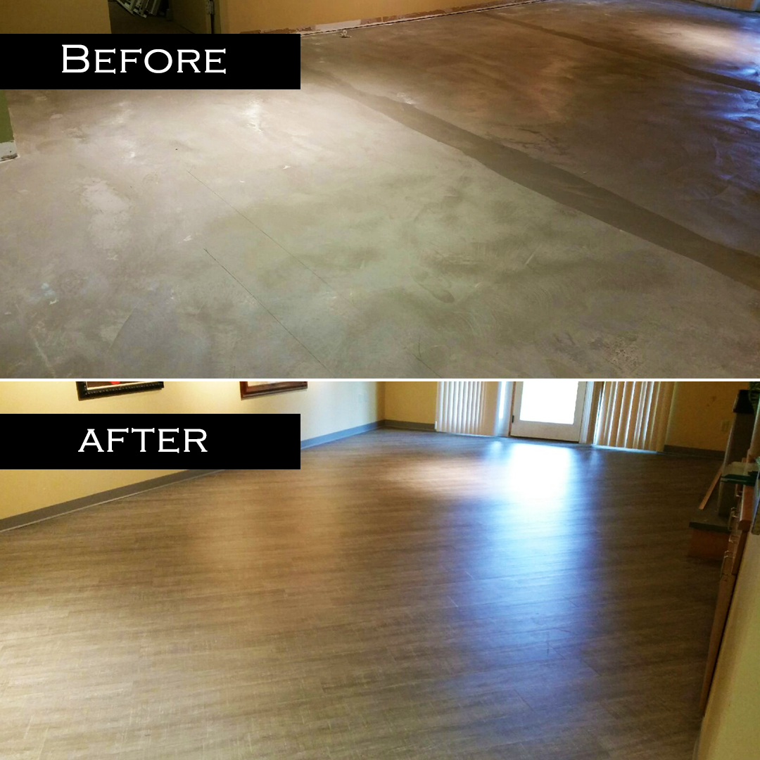 Comparison of a gray concrete floor (before) and wood-look flooring (after) in a room.