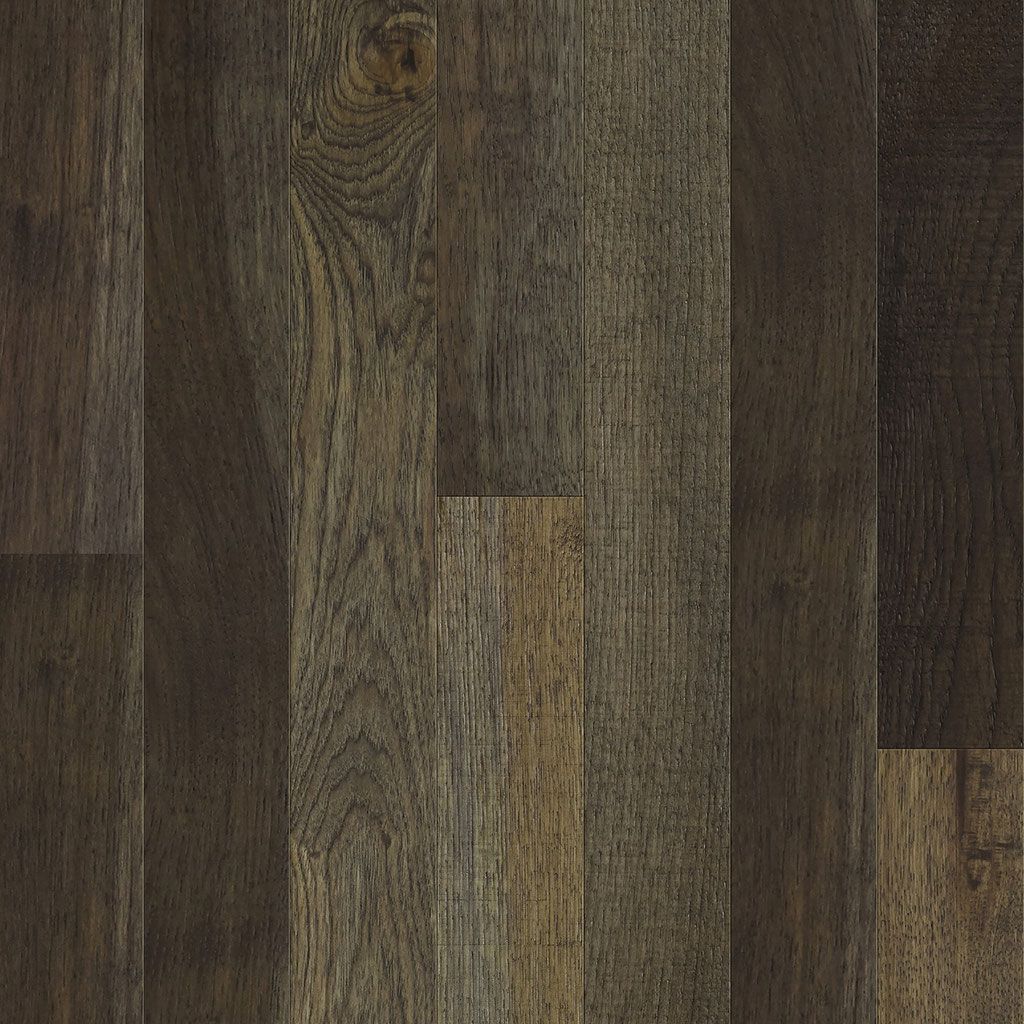 Dark brown wood flooring with varying shades and wood grain patterns.