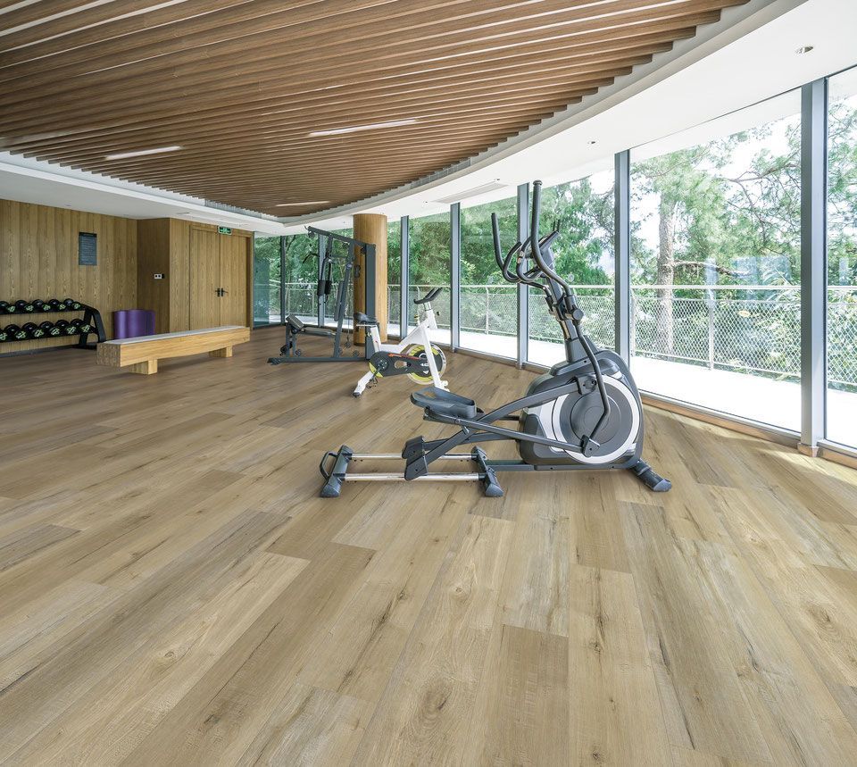 Gym with wooden floor, exercise machines, and large windows overlooking trees.