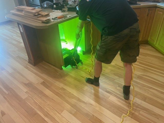 A man with a dog in a kitchen with hardwood floors. Green light glows from under a cabinet.