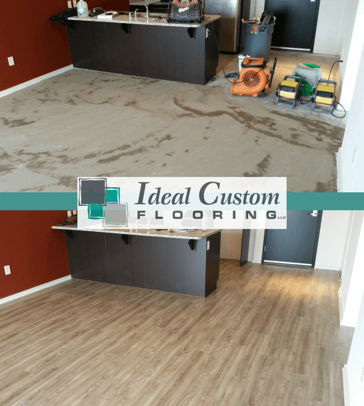 Before and after of flooring installation. The top shows flood damage, and the bottom shows new wood-look flooring.