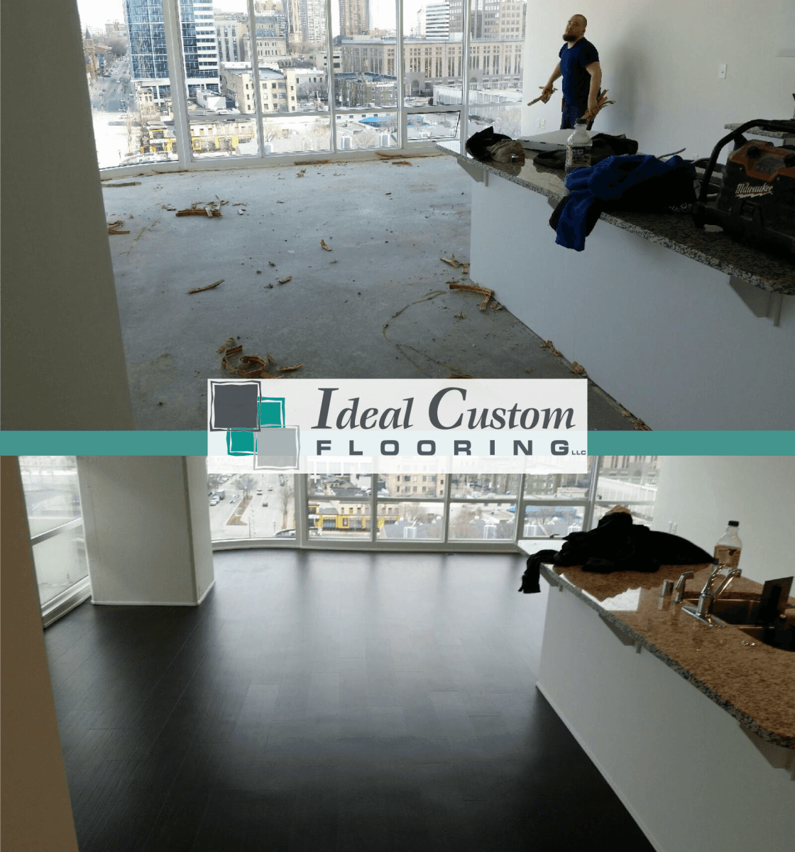 Before and after: Dark flooring installed in a modern apartment. A person works in the background.
