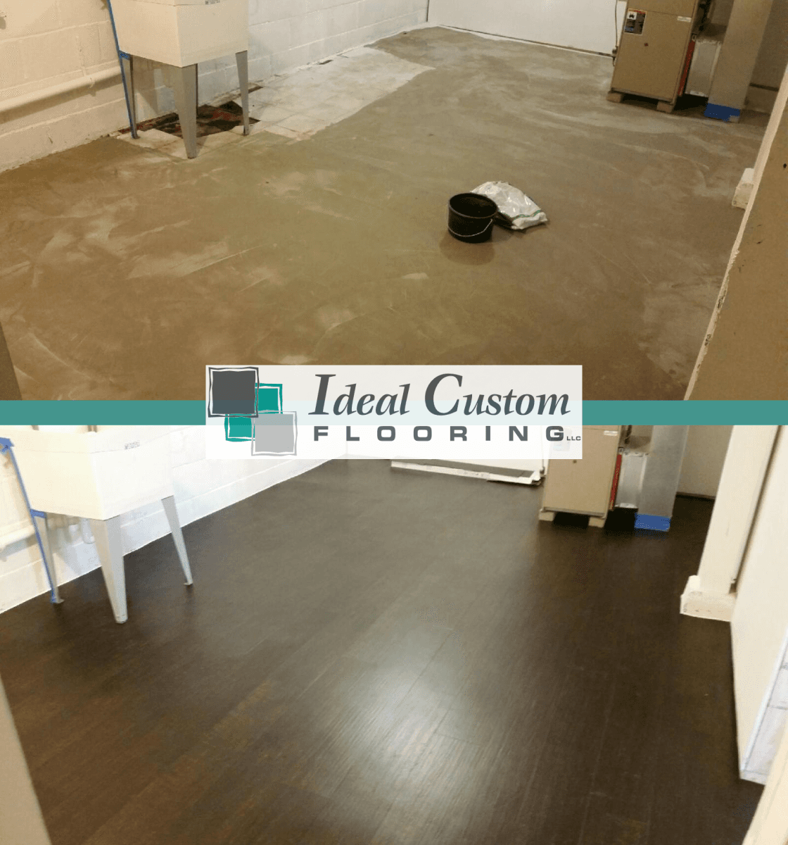 Before and after of a room with a concrete floor and new dark wooden flooring.