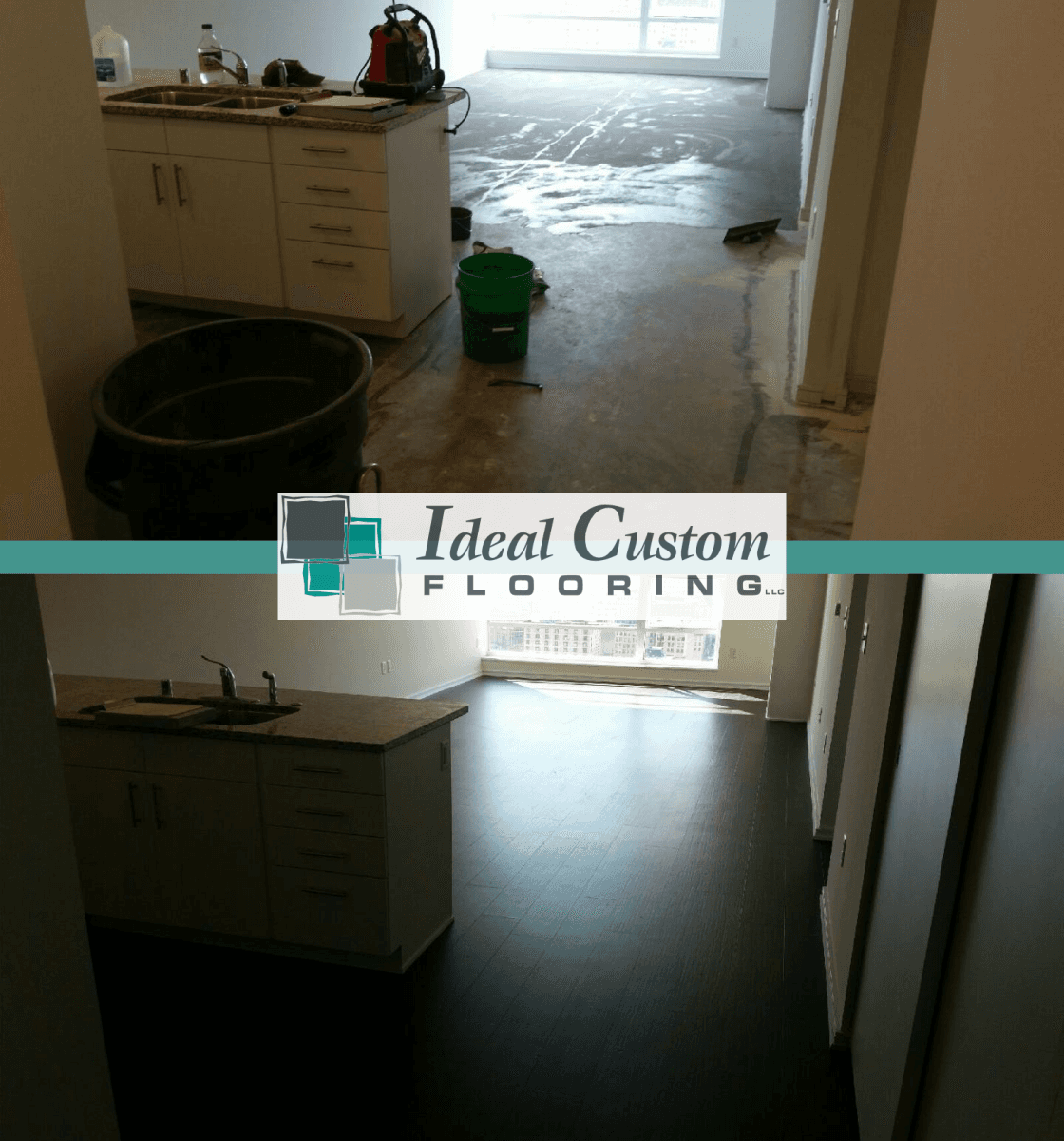 Before and after of a room; wet, damaged floor before, new dark flooring after.