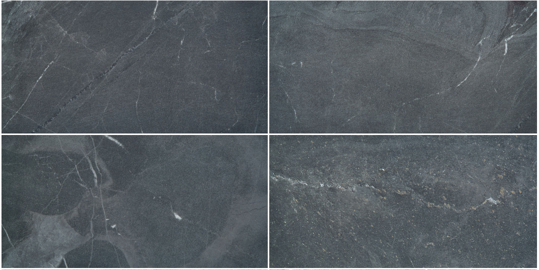 Four-panel close-up of gray marble tiles with subtle veining patterns.