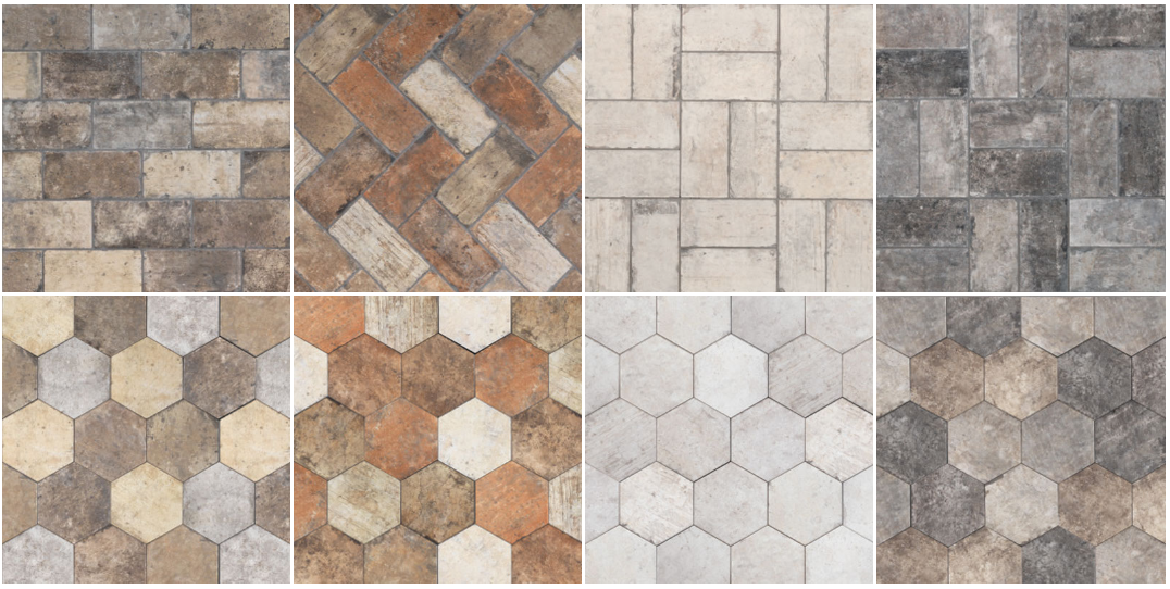 Collection of stone-like tiles, various patterns including brick and hexagon shapes, neutral tones.