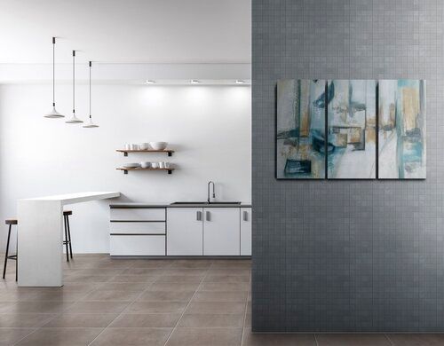 Modern kitchen interior with white cabinets, shelves, and abstract artwork on a gray wall.