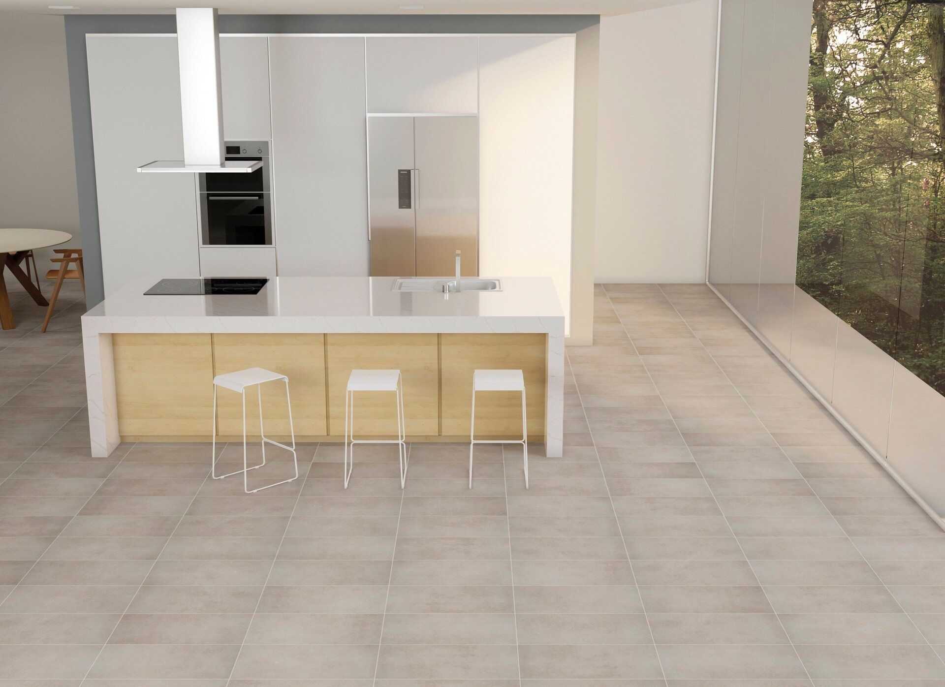 Modern kitchen with island, stools, and large window overlooking trees. Light wood and white elements.