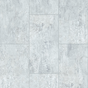 Light gray rectangular floor tiles with a distressed concrete texture.
