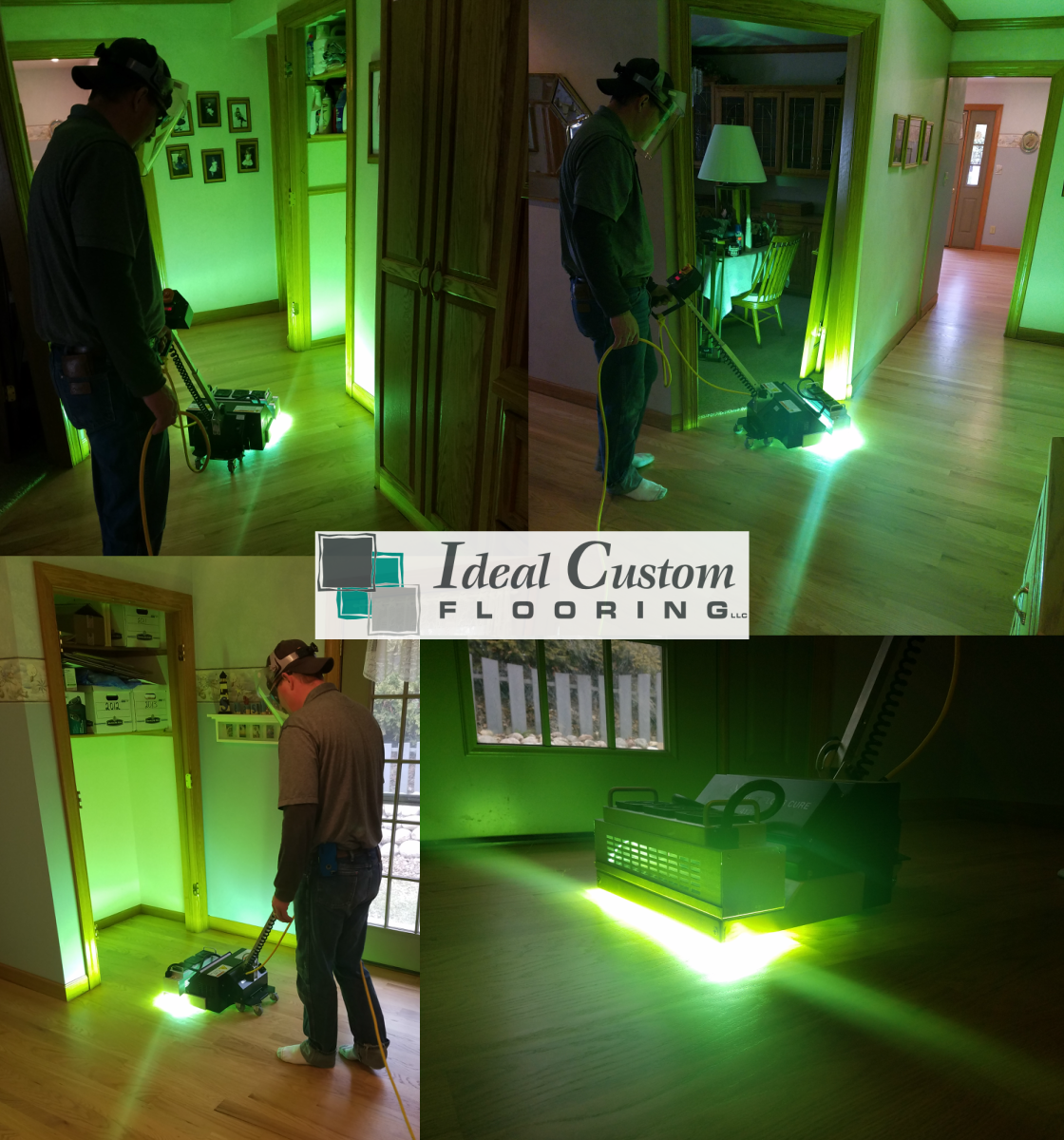 A man using flooring equipment, emitting green light, in a home's hallway. 