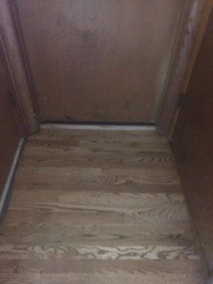 Wooden floor and door frame with a gap, looking down an entry.