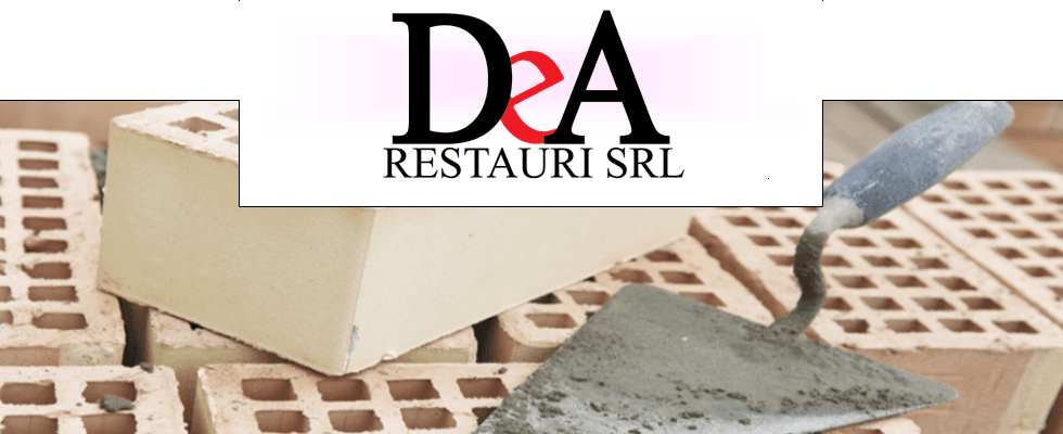 Logo DEA Restauri e foto con cazzuola e mattoni