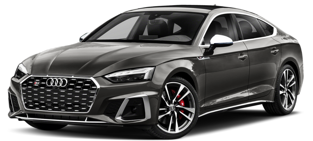 Dark grey Audi S5 Sportback car. Front view.