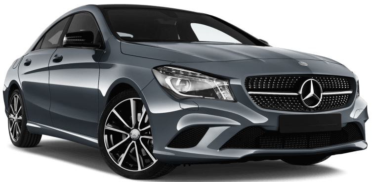 Gray Mercedes-Benz CLA coupe. Front view, on a white background.