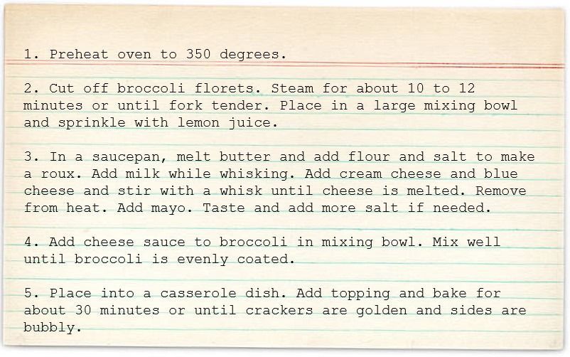 A recipe for broccoli is written on a piece of paper