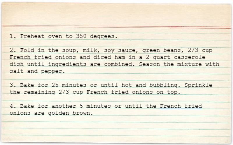 A recipe card for french fried onions and diced ham