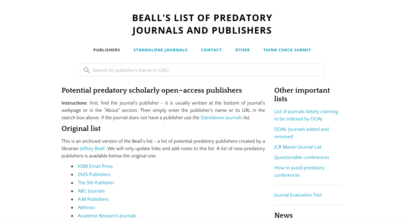 Link to Bealls List of Predatory Journals and Publishers