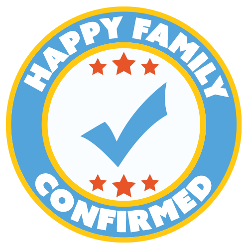 A sticker that says happy family confirmed with a check mark