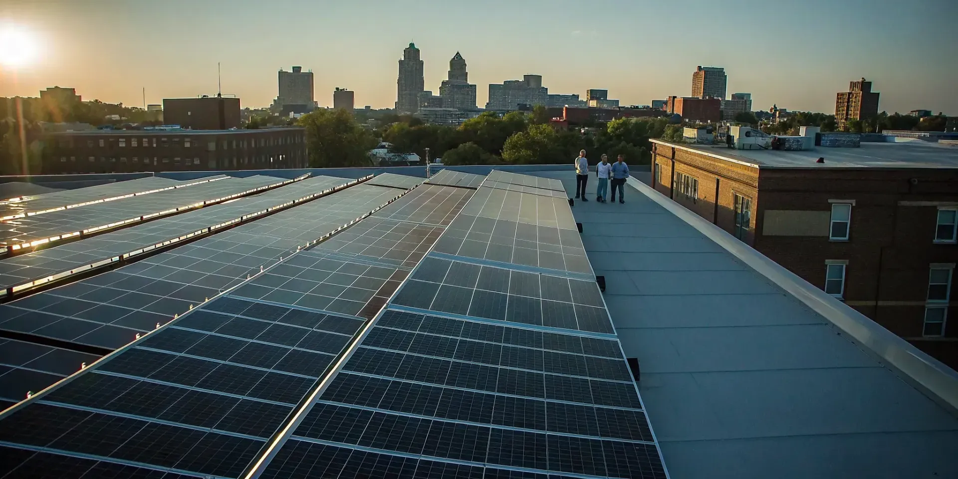 Commercial solar panels from a provider on a Kansas City rooftop with the skyline at sunset.