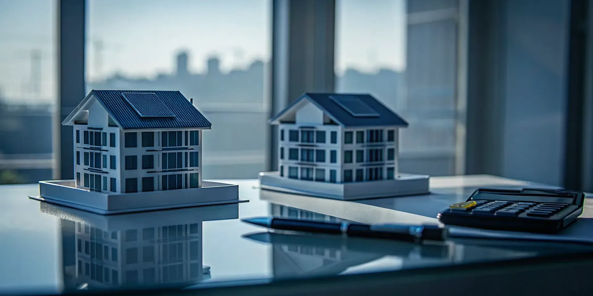 Model houses with solar panels and a calculator to claim the solar tax credit twice.