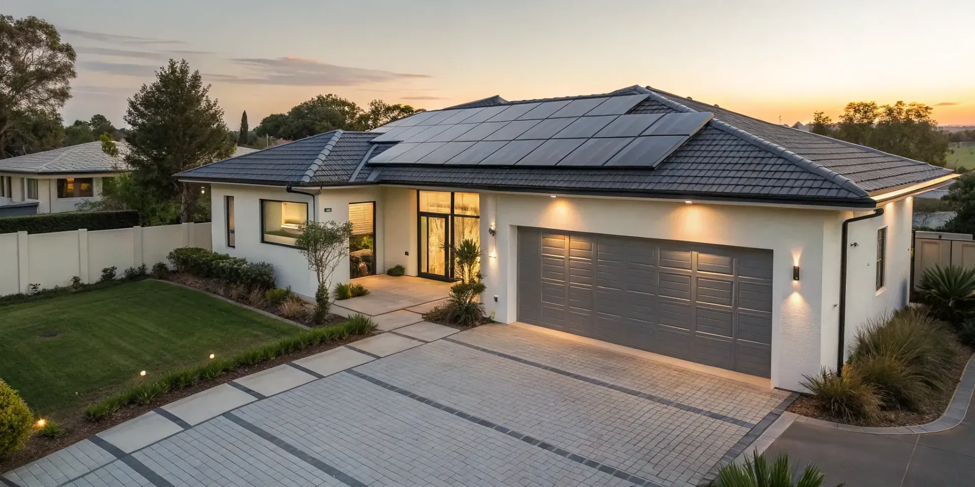 Modern home with rooftop solar panels powered by a home solar storage system.