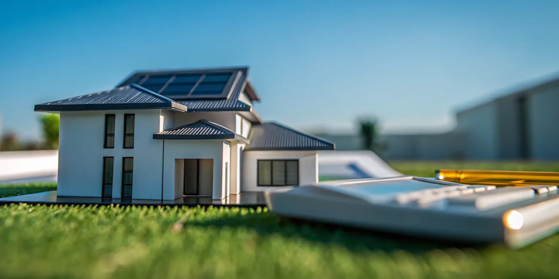 Model house with solar panels and a calculator showing how the solar tax credit works in Kansas.