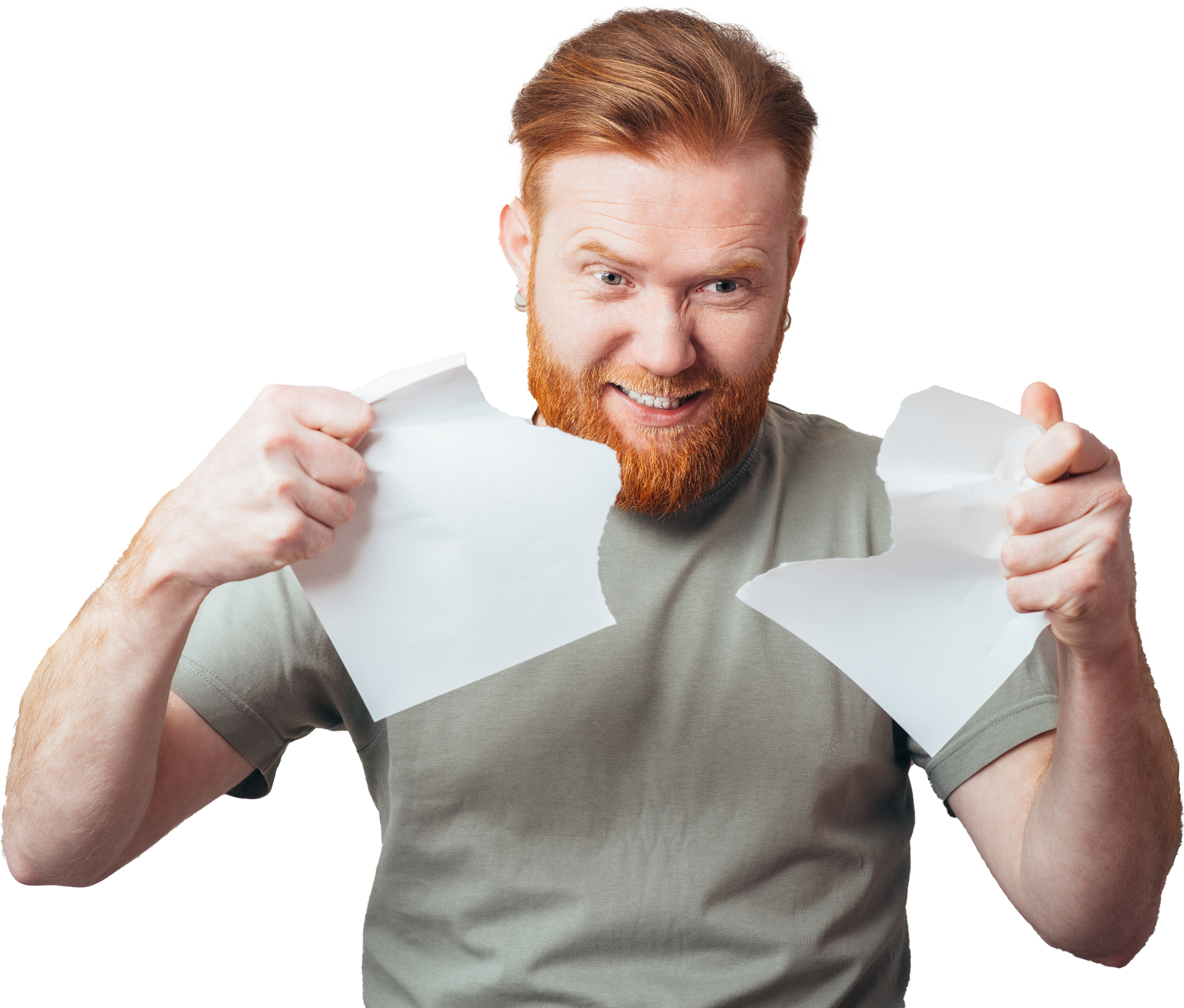 A man with a beard is holding two pieces of paper in his hands.