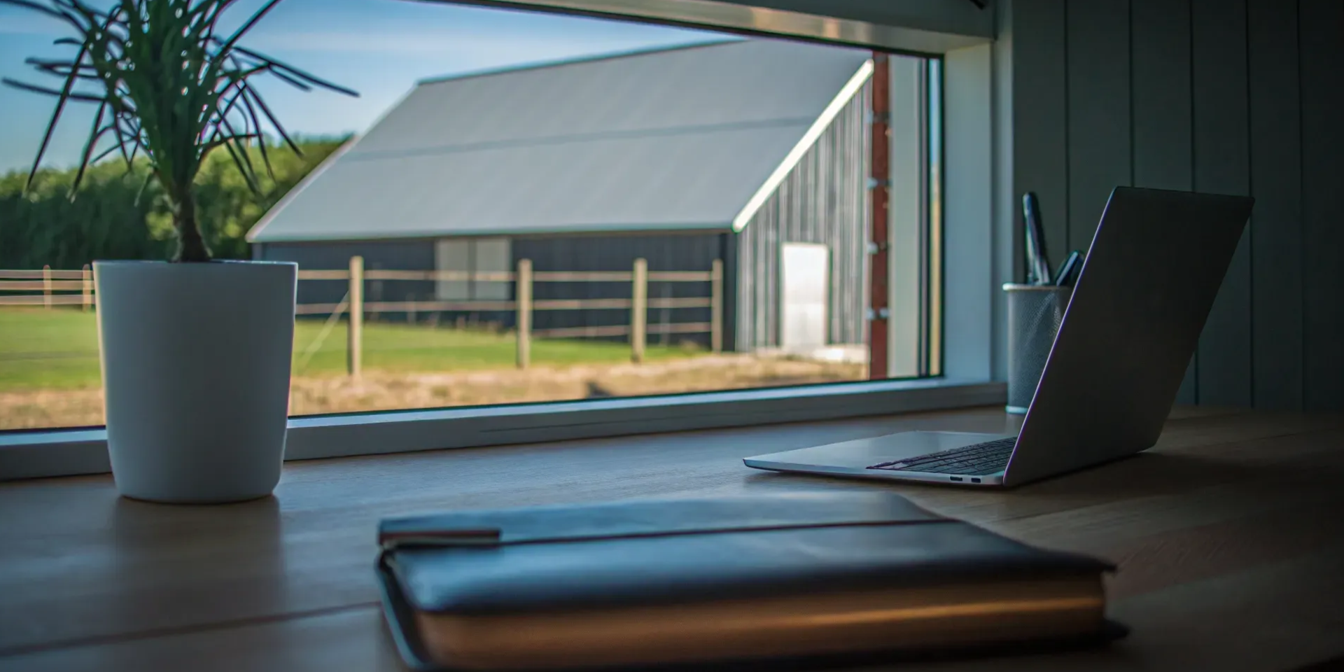 Planning solar for rural businesses on a laptop in an office with a barn view.