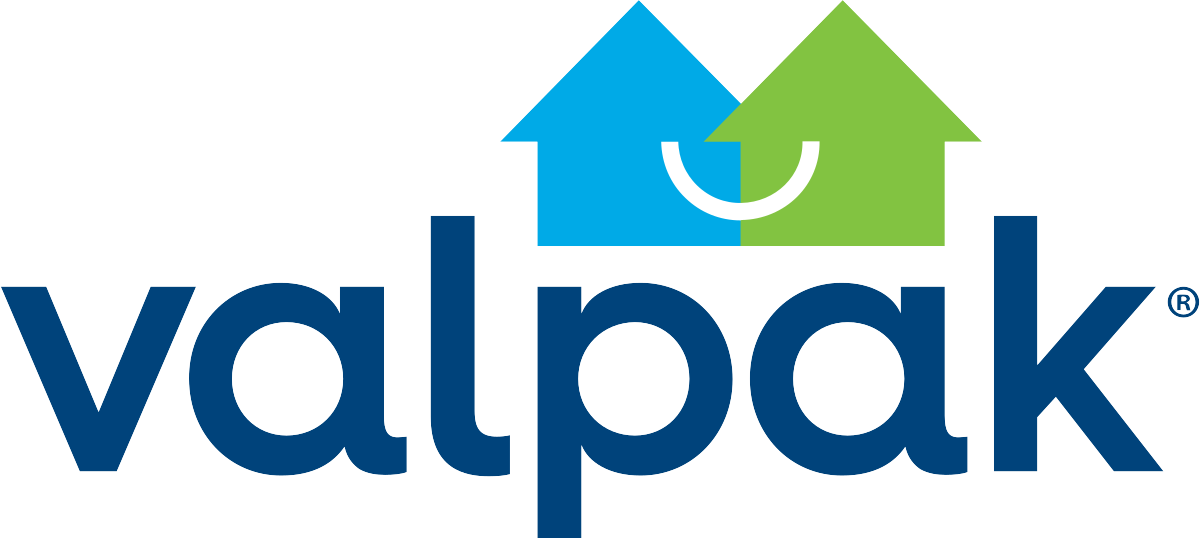 A blue and green logo for valpak with two houses and a smile.