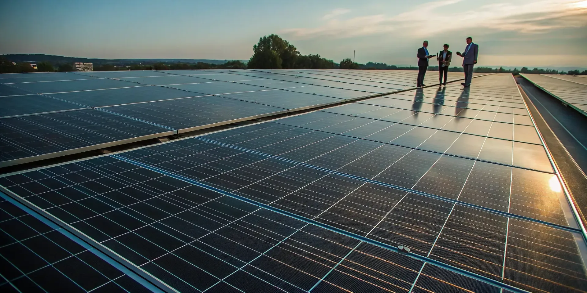 A sky chief and team review sustainable solutions for a global company under a clear sky.
