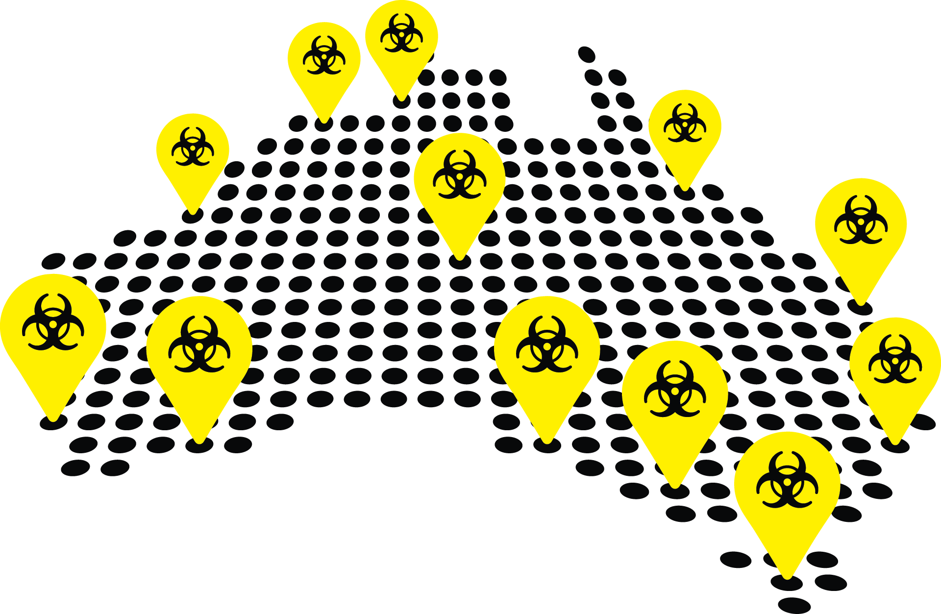 Map of Australia depicted as black dots with biohazard cleaning location pins all over