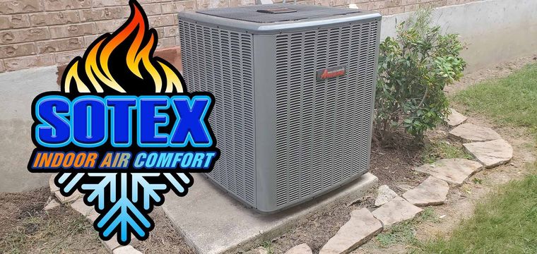 HVAC unit on backyard and a logo HVAC unit on backyard and a logo