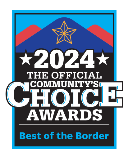 2024 Community's Choice Awards badge: Black, blue, red graphic with star and "Best of the Border" text.
