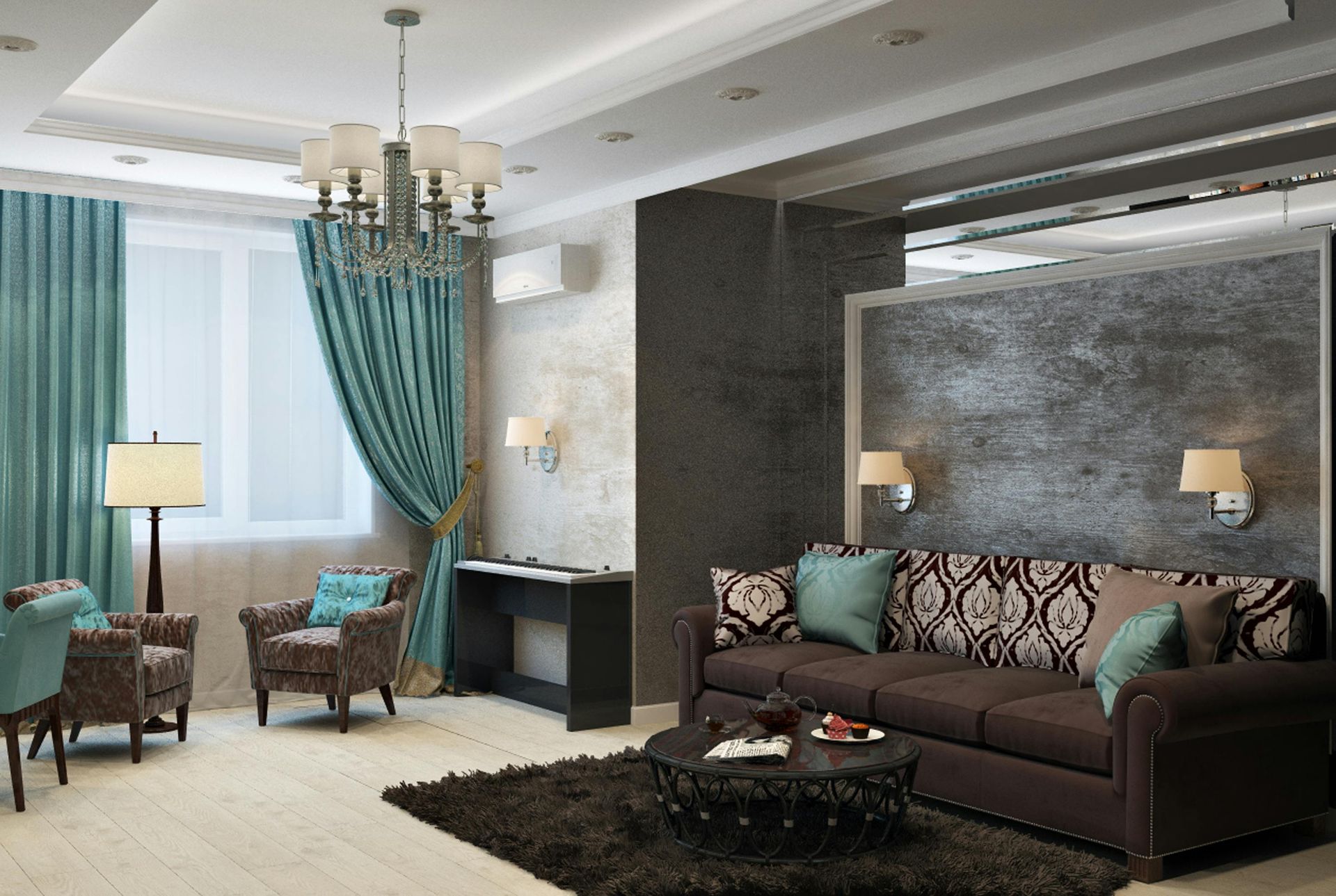 Living room with brown sofa, teal curtains, and chandelier.