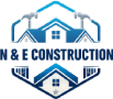 Blue and white logo of "N & E Construction" featuring houses and hammers.