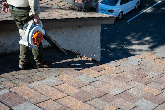Person on a roof using a leaf blower to clear debris.